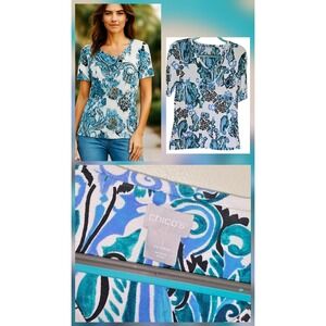 Chico's Size Med‎ Short Sleeve Abstract Paisley Beachy artzy Top shirt Cotton